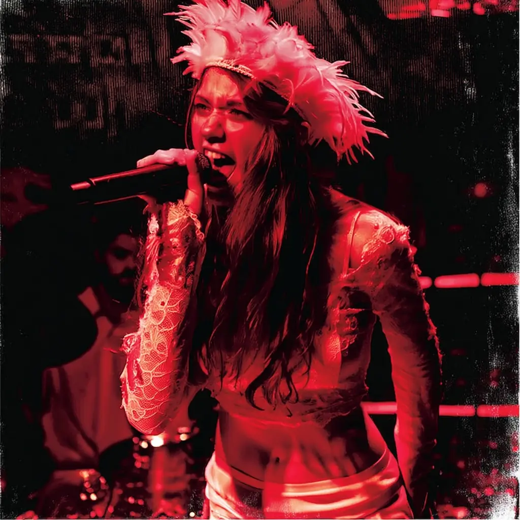 A singer performing live under red stage lights